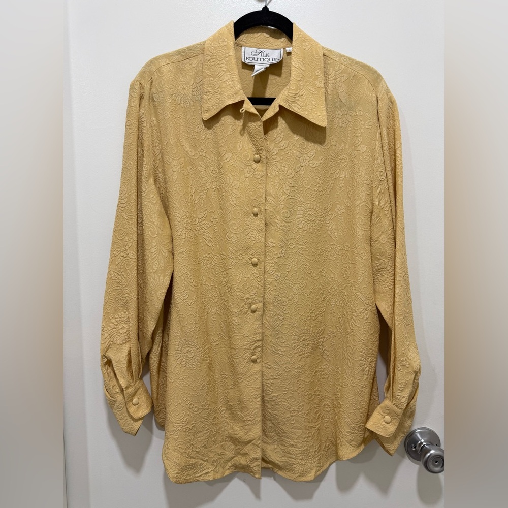 Silk Boutique yellow silk button down shirt Large